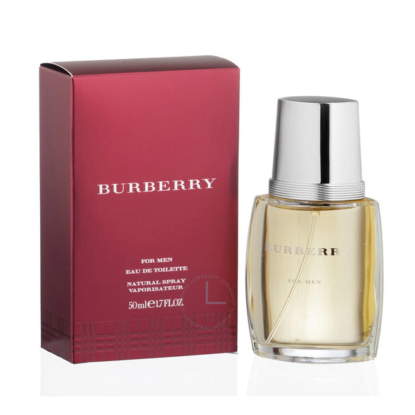 A 1.7oz bottle of Burberry Classic Eau De Toilette for Men, featuring a silver cap, is displayed next to its red box with brand details. This Burberry fragrance is recognized for its long-lasting scent.